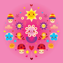 cute cartoon mushrooms flowers hearts & birds nature illustration