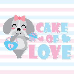 Cute puppy brings cake of love vector cartoon illustration for Happy Valentine card design, postcard, and wallpaper