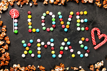 A words lined with colorful candies