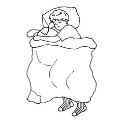 cute boy sleeping hug doll in bed, vector hand drawing doodle sketch