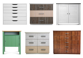 Set of modern wardrobes on white background