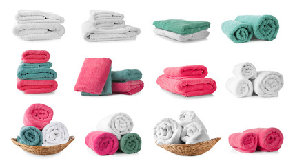 Collage with soft towels on white background