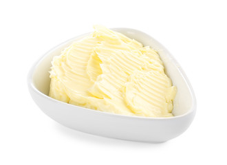 Bowl with healthy fresh butter on white background