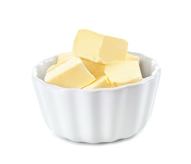 Bowl with healthy fresh butter on white background