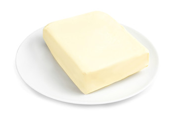 Plate with healthy fresh butter on white background