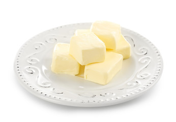 Plate with healthy fresh butter on white background