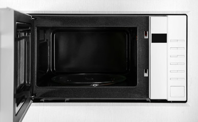 New white microwave oven in kitchen, closeup