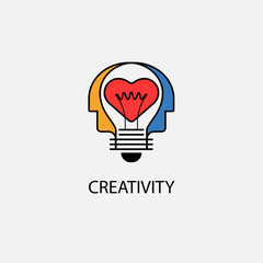 Creative light bulb,Heart icon and Human heads vector design banner template.Corporate business and industrial creative logotype symbol.Brainstorming and teamwork concept.Vector illustration