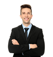 Young man in formal clothes on white background