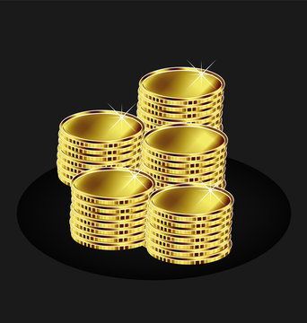 Vector of golden coins isolated black background