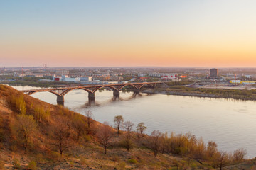 Fototapeta na wymiar Sunset light over the river Oka in Nizhny Novgorod