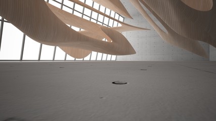 Empty dark abstract concrete and wood smooth interior. Architectural background. 3D illustration and rendering