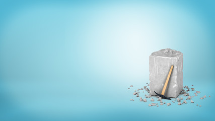 3d rendering of a large grey piece of rough grey stone with a small hammer leaning on it on blue background. - obrazy, fototapety, plakaty