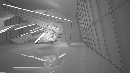 Abstract drawing white interior multilevel public space with window. 3D illustration and rendering.