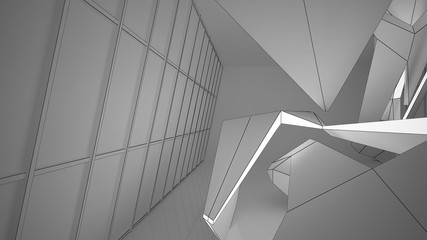 Obraz premium Streszczenie rysunek białe wnętrze wielopoziomowej przestrzeni publicznej z oknem. Ilustracja i renderowanie 3D.