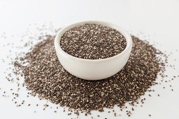 Chia seeds in white bowl on white