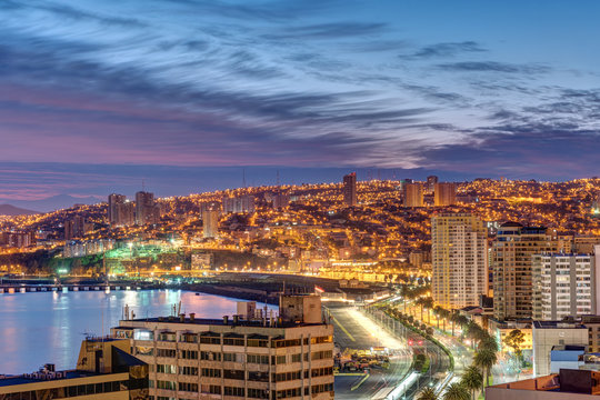 The bay of Valparaiso in Chile at dusk