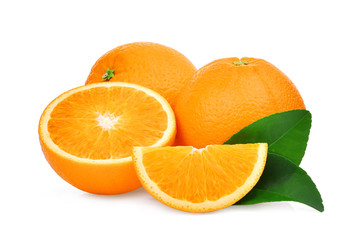 two whole and slice of orange fruit with green leaves isolated on white background