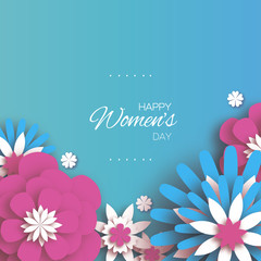 Trendy Pink Blue Happy Women's Day. 8 March. Origami Floral Greeting Card. Paper cut Flowers. Mother's day. Text. Spring blossom. Seasonal holiday on sky blue. Traditional paper decoration.