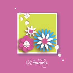 Minimalistic 8 March. Origami Happy Women's Day. Floral Greeting Card. Paper cut Pink Blue Flowers. Square frame. Text. Spring blossom. Seasonal holiday on pink. Traditional paper decoration.
