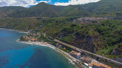 Panoramic aerial view of Scilla coastline and beaches in summer, Calabria - Italy