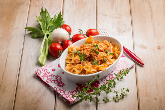 pasta with fish ragout and fresh oregano