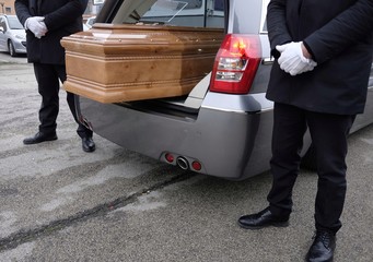 hearse open with coffin - obrazy, fototapety, plakaty