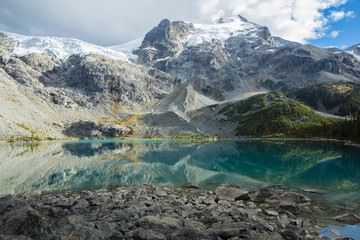 Third lake of Joffre Lakes Provincial Park. Pemberton British Columbia Canada. Sunny and cloudy day with lake reflection.