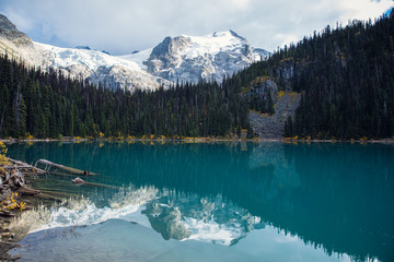 Second lake Joffre Lake Provincial Park. Pemberton British Columbia Canada. Glacial mountain and forest reflection on the lake. Blue natural lake water.
