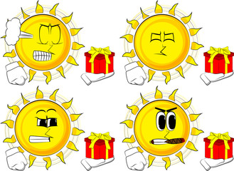 Cartoon sun holding small gift box. Collection with angry faces. Expressions vector set.