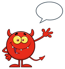 Happy Devil Cartoon Emoji Character Waving For Greeting With Speech Bubble. Illustration Isolated On White Background