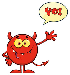 Red Devil Cartoon Emoji Character Waving For Greeting With Speech Bubble And Text. Illustration Isolated On White Background