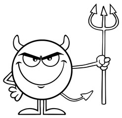 Black And White Devil Cartoon Emoji Character Holding A Pitchfork. Illustration Isolated On White Background