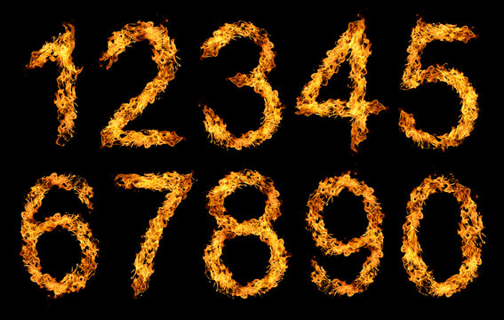 Numbers made from fire flame isolated on black background.