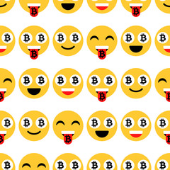 Bitcoin emoji, emoticons or smile. Emotional icons and signs, seamless pattern. Vector