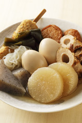 おでん　Japanese oden. vegetables, fish dumplings and various other articles of food stewed in a thin soy soup.