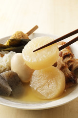 おでん　Japanese oden. vegetables, fish dumplings and various other articles of food stewed in a thin soy soup.