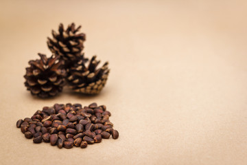 Pine nuts, cones on craft paper background