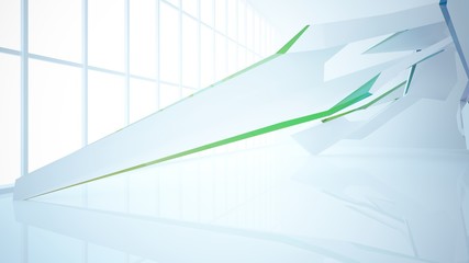 Abstract white and colored gradient glasses interior multilevel public space with window. 3D illustration and rendering.