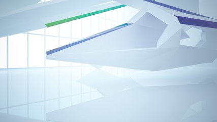 Abstract white and colored gradient glasses interior multilevel public space with window. 3D illustration and rendering.