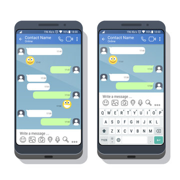 Two smartphones with social network or messenger application template with and without virtual keyboard for mobile devices on the screens. Chat or sms app interface concept. Vector illustration