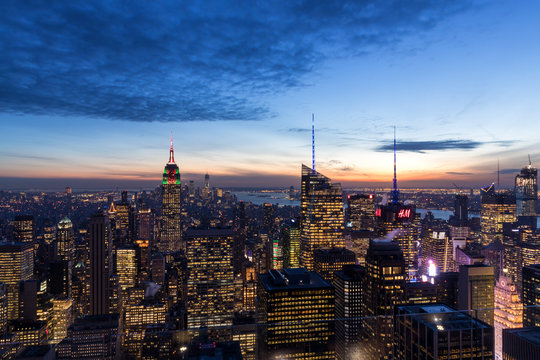 New York City skyline aerial panorama view at night with Times Square and skyscrapers of midtown Manhattan. © A_Skorobogatova