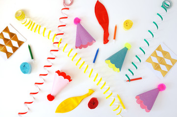 Festive bright decor for birthday on a white background. Top view