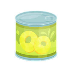 Canned pineapple rings, tinned food in aluminum can cartoon vector Illustration