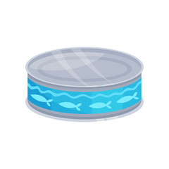 Canned fish, tinned food in a blue metal can cartoon vector Illustration