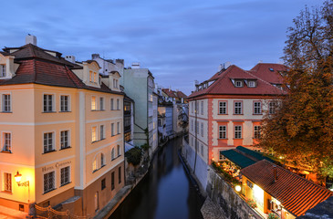 Prague, Czech Republic - October 10, 2017: Baroque house Hotel Certovka and small branch of the river Vltava, the Certovka, Prague, Czech Republic. The Lesser Town, Prague 