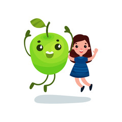 Cute little girl having fun with giant green apple character, best friends, healthy food for kids cartoon vector Illustration