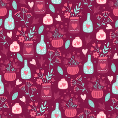 St. Valentine's Day seamless pattern with bouquets, leaves, flowers, hearts