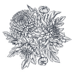 Vector bouquet with hand drawn chrysanthemum flowers