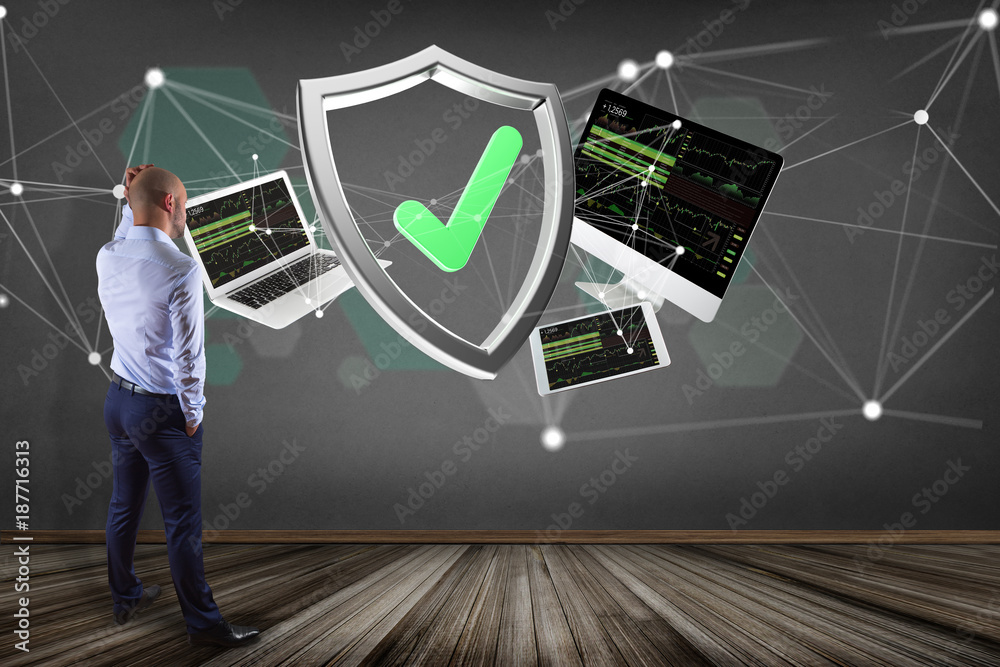 Poster shield symbol surrounded by devices and network displayed on a futuristic interface